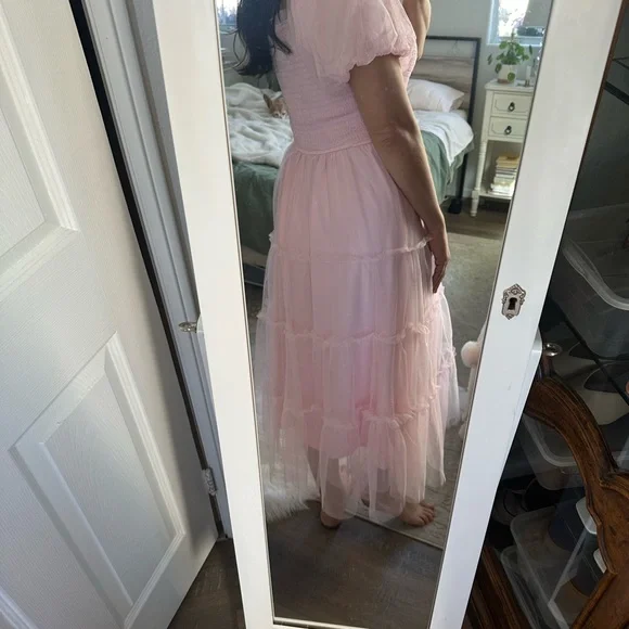 Pink Smocked Puff Sleeve Dress - Picture 5 of 7